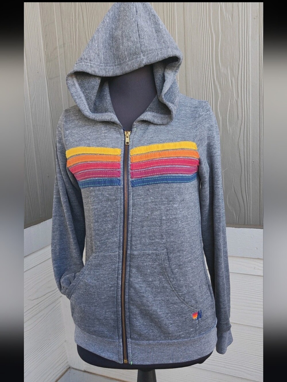 Aviator Nation Kids Size 12 Gray 5 Stripe Zip-Up Hoodie Unisex Read